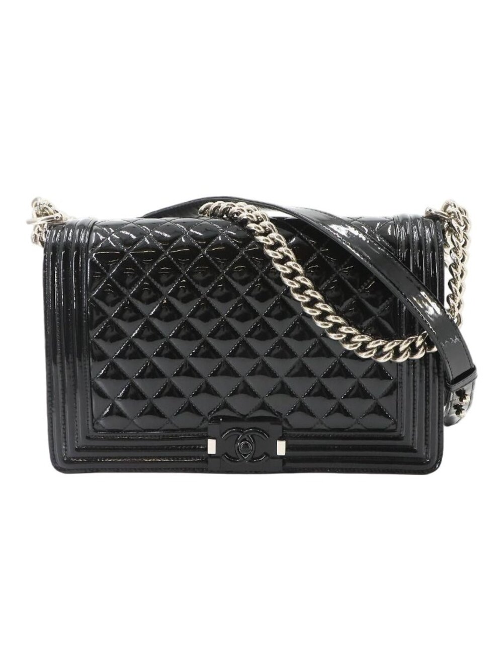 Chanel Boy Chain Shoulder Bag Patent Leather Black Silver